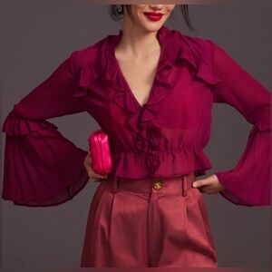 Anthropologie Sheer V-Neck Pink Blouse with Pleated Bell Sleeves